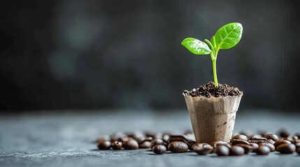64.Detailed image of a tiny green seedling emerging from a repurposed coffee capsule, with scattered coffee beans on a light grey table; the scene represents eco-friendly practices, with rich bean