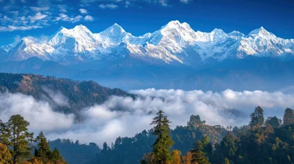 Majestic snow capped Himalayan mountain range viewed from below