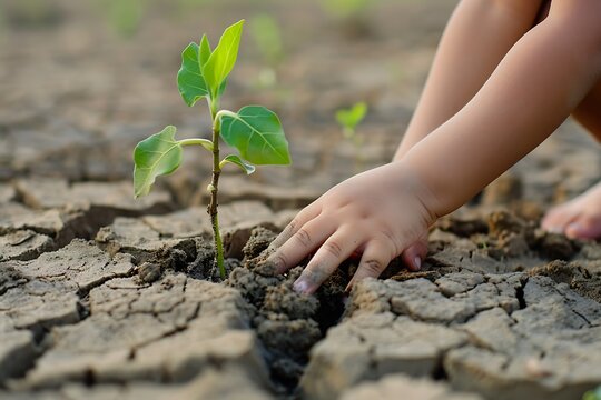 Human hands planting a tree in the dry soil. Earth day concept.