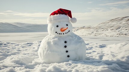 Fototapeta premium Full-body image of snowman, wearing Santa Claus hat, in Christmas wonderland, National Geographic, award winner 