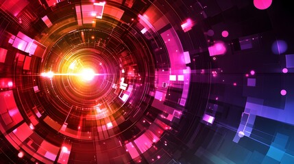 Fototapeta premium Abstract technological background with glowing circles and geometric shapes in red, pink, and blue hues.