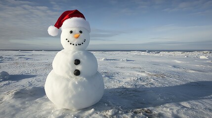 Fototapeta premium Full-body image of snowman, wearing Santa Claus hat, in Christmas wonderland, National Geographic, award winner 