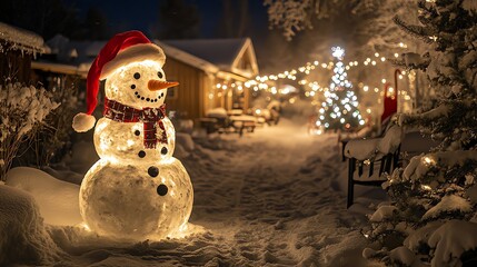 Full-body image of snowman, wearing Santa Claus hat, in Christmas wonderland, National Geographic, award winner 