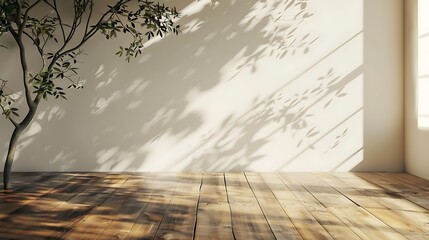Interior of modern bright room with white walls, wooden floor and green plants