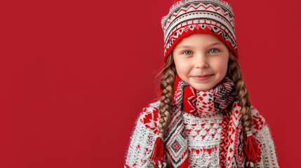 Joyful portrait of a cute slavic child in traditional attire with space for text on solid background