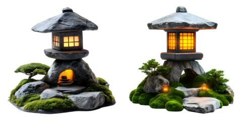 Elegant Stone Lanterns in Japanese Garden Setting