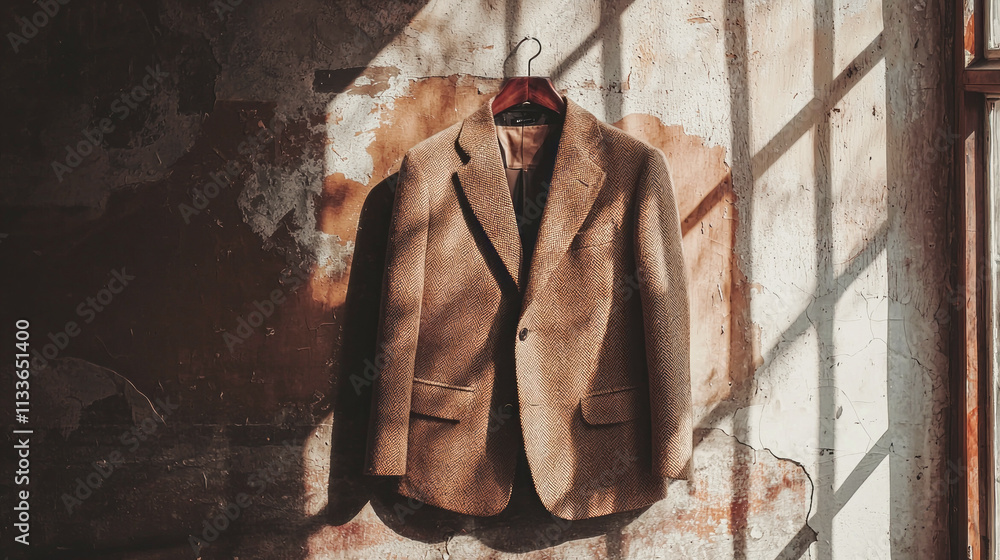 Poster Sunlight streams through a window, illuminating a minimalist mocha mousse colored blazer hanging on a wooden hanger against a weathered wall. The blending of textures creates an inviting atmosphere