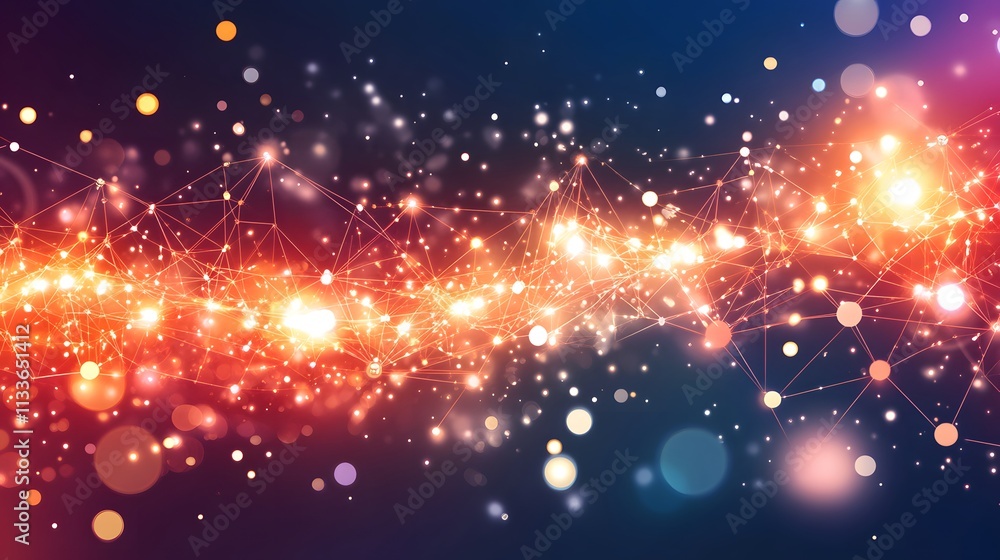 Poster abstract wave of glowing particles and lines, representing connection and network.