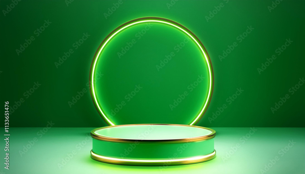 Poster mock up podium for product presentation circle with bright borders 3d render illustration on green b
