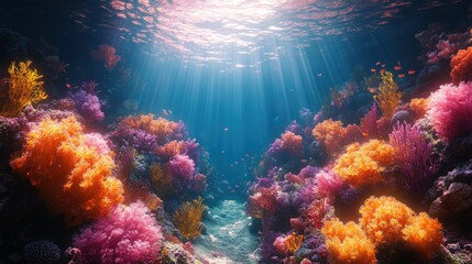Fototapeta premium Vibrant coral reef, sunlit ocean depths.