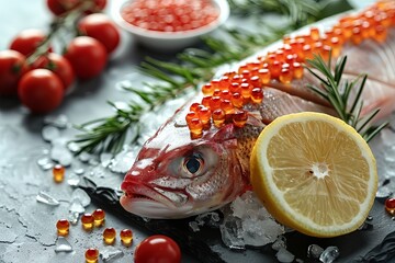 Fresh fish with lemons and eggs on rustic wooden table