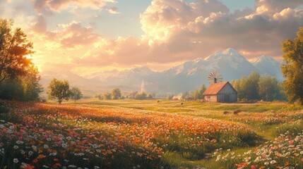Sunset, wildflowers, mountains, windmill, rustic barn.