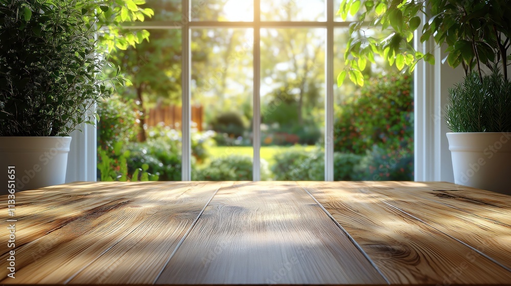 Poster empty wooden table in front of blurred window view of home garden. sunlight shines through window on