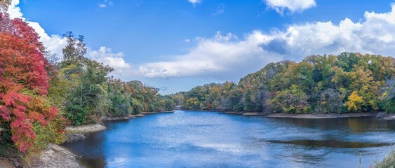 青空バックに見るカラフルな紅葉に囲まれた秋の公園のパノラマ情景