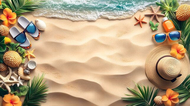 A beautiful beach scene with a hat, sunglasses, flowers, and seashells