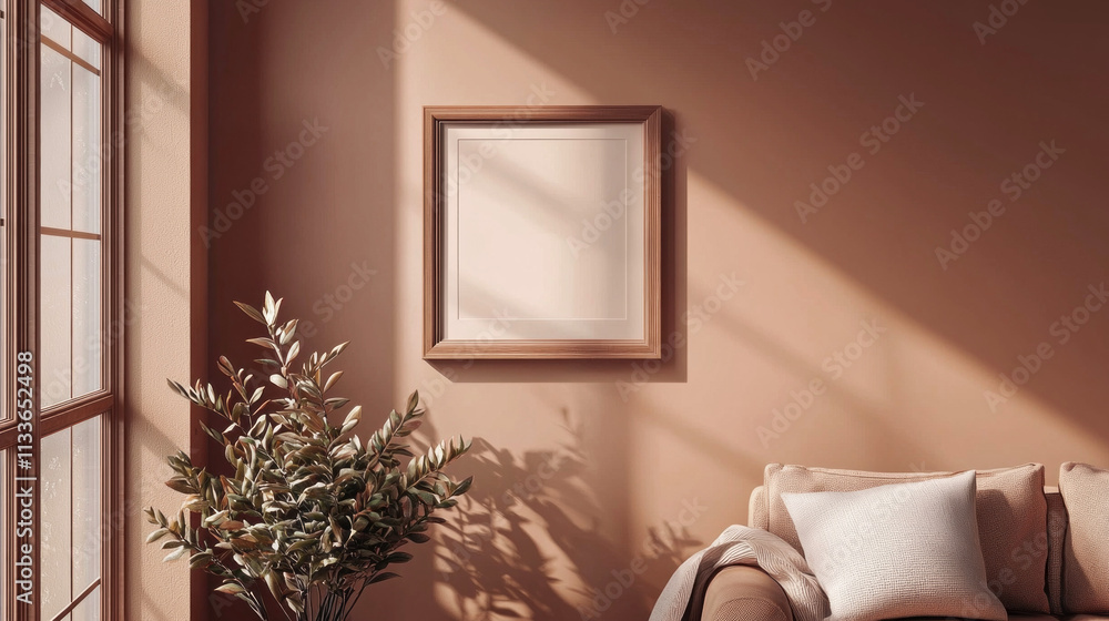 Fototapete bright sunlight casts soft shadows in a cozy area featuring a blank frame on a brown mocha mousse wa