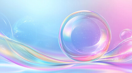 One rounded soap bubble on wavy background, illuminated with gradient colors, pink, blue, purple. Minimal concept of a mockup for product or object presentation or advertising, print or copy space