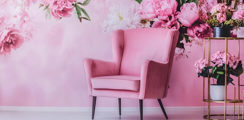 A stylish pink chair against a floral wall, creating a chic and inviting atmosphere.