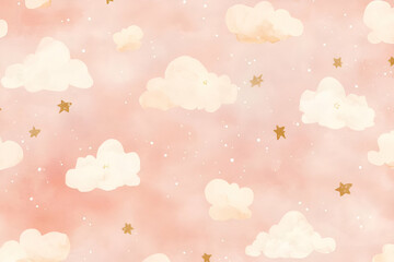 A dreamy pink background with soft clouds and golden stars, ideal for whimsical designs.