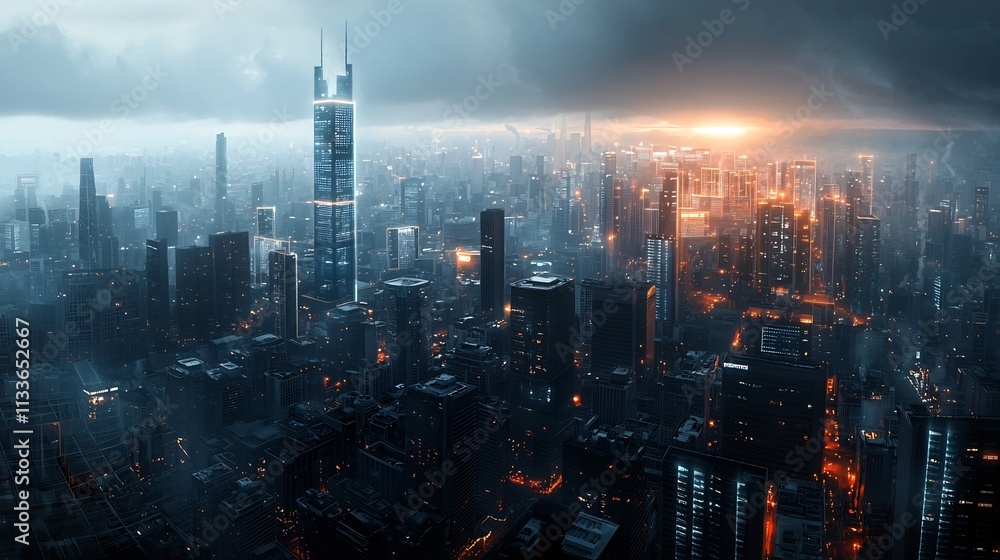 Poster futuristic cityscape with a virtual twin overlay showcasing real time analytics glowing networks and
