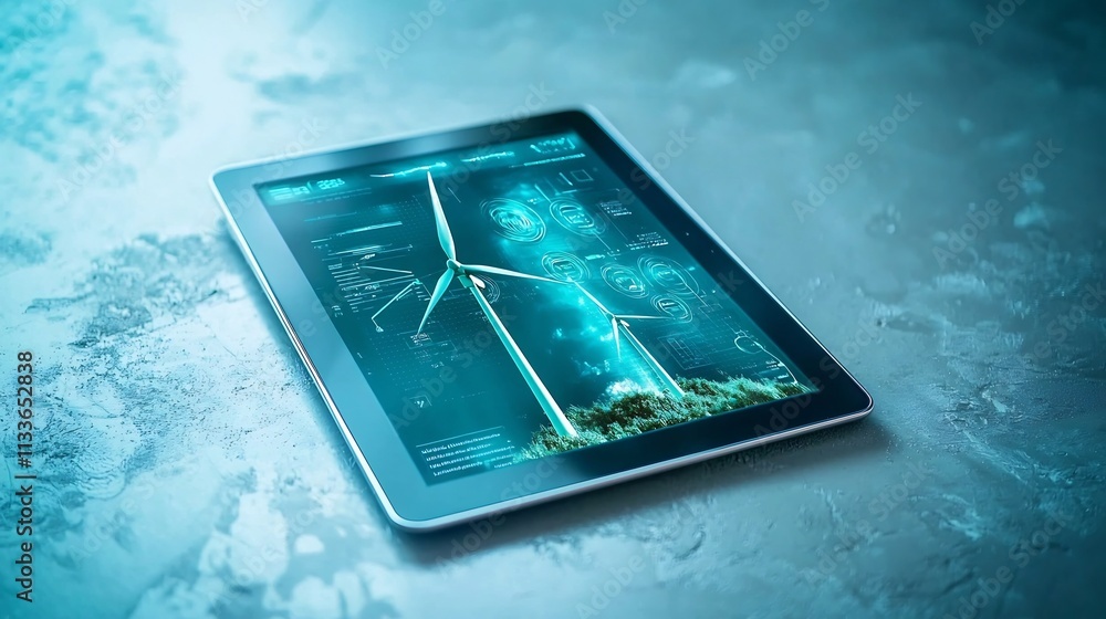 Poster tablet displaying a virtual twin of a wind turbine with holographic projections showcasing real time