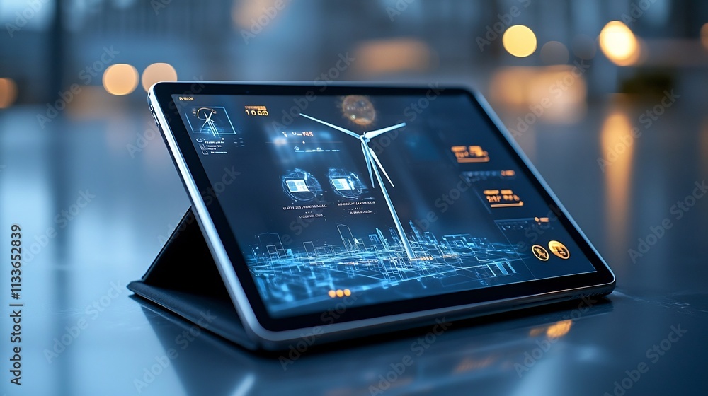 Poster digital rendering of a tablet displaying a virtual twin model of a wind turbine with holographic pro