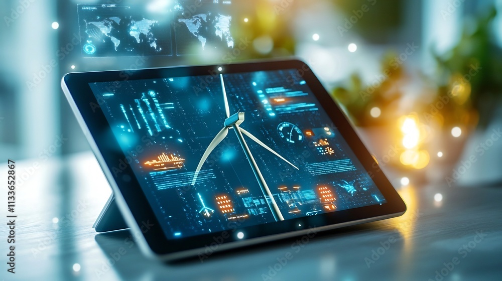 Poster a tablet displaying a virtual 3d model of a wind turbine with holographic projections showcasing rea