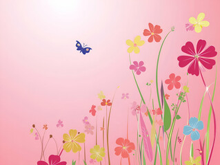 Obraz premium A vibrant illustration of colorful flowers and a butterfly against a soft pink background.