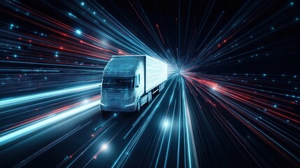 Futuristic semi-truck drives highway. Data streams glow. Smart logistics concept. Tech meets transport. Modern transport. Digital highway. Fast moving truck. Glowing lines. Innovative tech. Digital