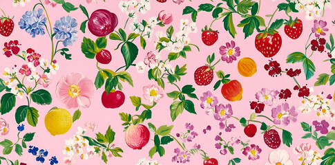 A vibrant floral and fruit pattern on a pink background, ideal for textiles or decor.