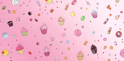 A whimsical illustration of various desserts and candies on a pink background.