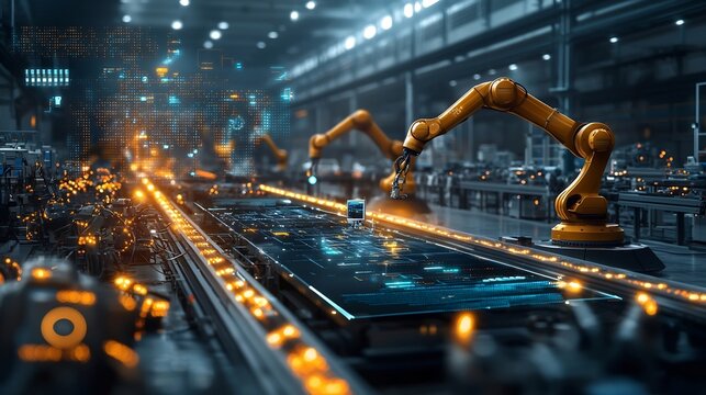 A photograph of a modern factory floor with a digital overlay of a virtual twin system monitoring robotic arms and production lines surrounded by glowing network visuals