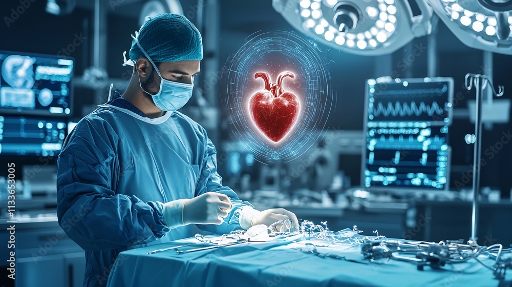 Poster futuristic operating room featuring a virtual twin hologram of a patient s heart floating above the 
