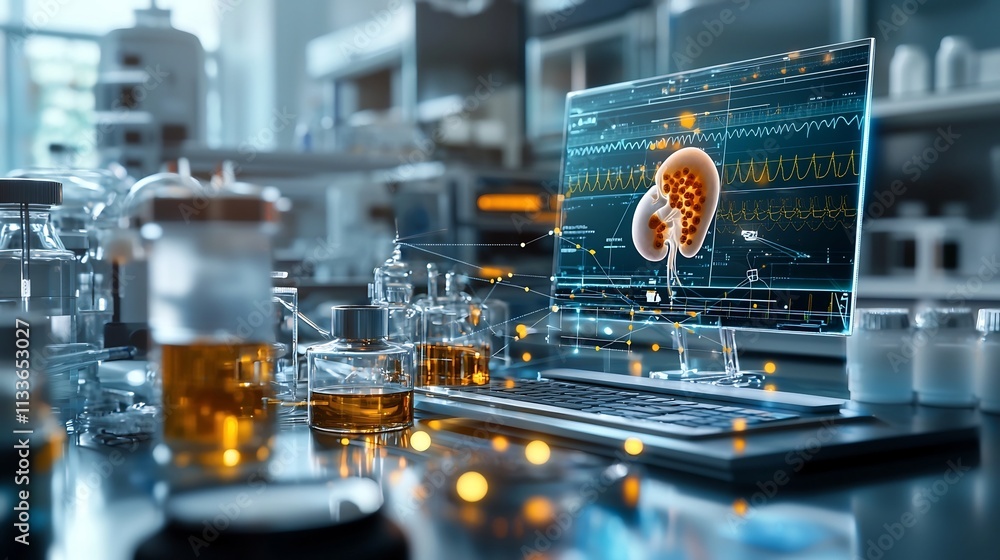 Poster transparent digital display showcasing a virtual twin simulation of a human kidney with intricate ne