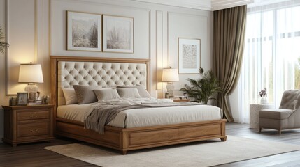 Fototapeta premium Luxurious bedroom with upholstered bed, nightstands, and elegant decor.