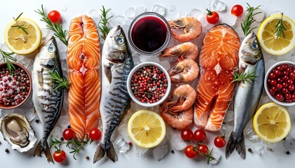 Fresh fish with lemons and eggs on rustic wooden table