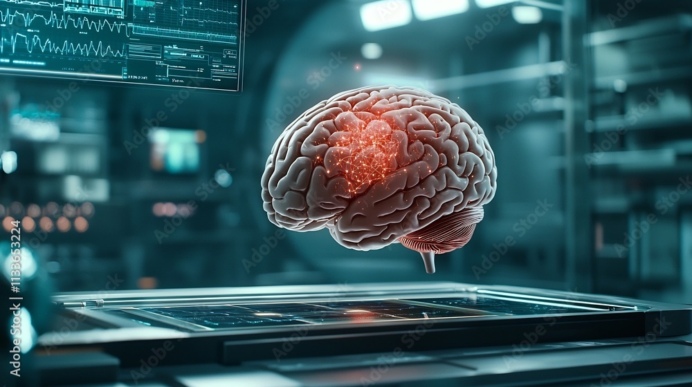 Poster futuristic diagnostic scanner projecting a virtual twin of a human brain showcasing real time neural