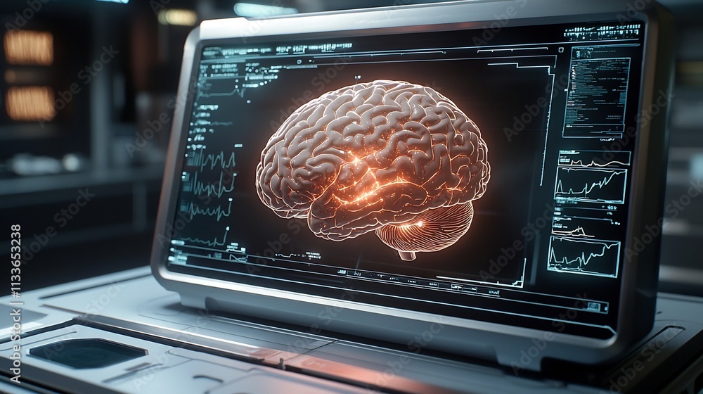 Poster futuristic diagnostic scanner projecting a detailed virtual twin of a human brain showcasing real ti