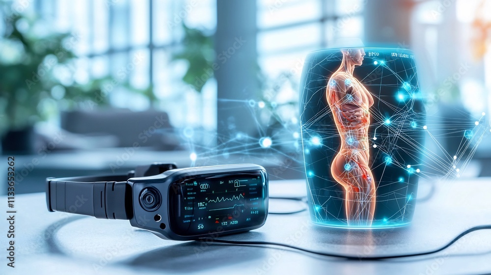 Poster wearable health monitoring device connected to a virtual twin hologram displaying real time visualiz
