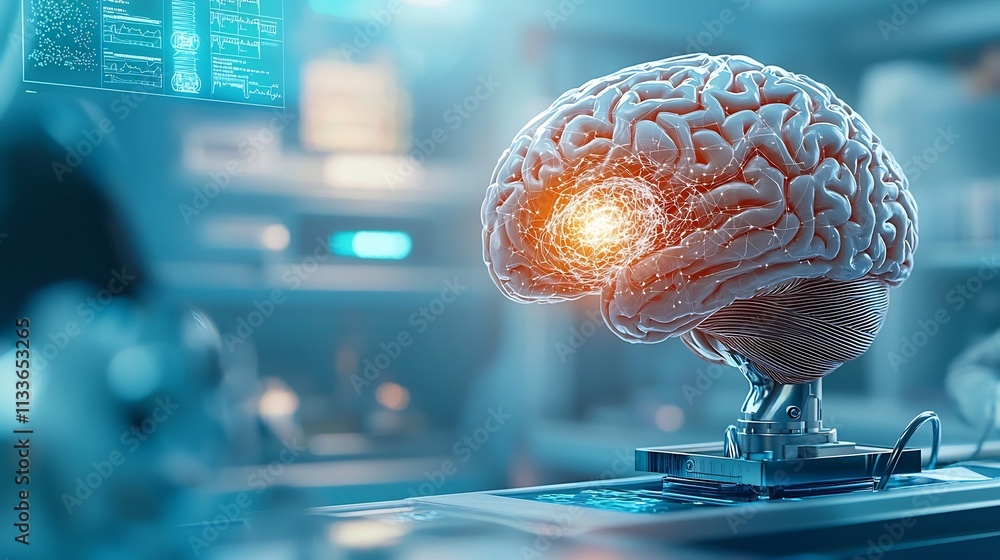 Poster futuristic ai powered diagnostic scanner projecting a virtual twin of a human brain showcasing real 