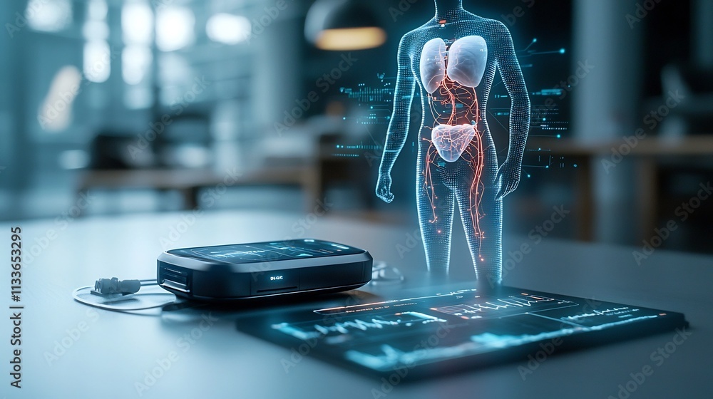 Poster a cutting edge wearable health device rests on a table connected to a virtual twin hologram that vis