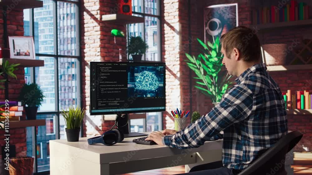 Poster admin using computer in home office for artificial intelligence computing simulating human brain thr