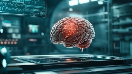 Futuristic diagnostic scanner projecting a virtual twin of a human brain showcasing real time neural activity and network based healthcare data leaving copy space at the top left