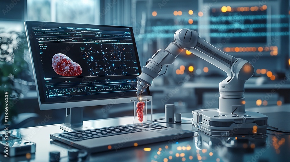 Poster a photograph showcasing a medical robotic arm performing an analysis on a virtual twin of a patient 