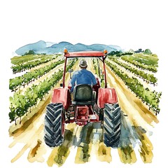 Watercolor painting of a farmer driving a red tractor through a vineyard.