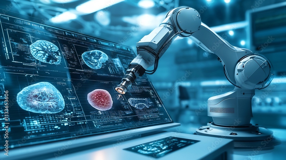 Poster advanced medical robotic arm performing analysis on a virtual twin of a patient s tissue sample with
