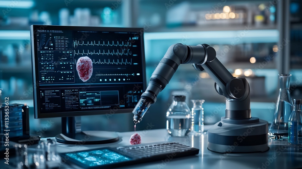 Poster a photograph showcasing an advanced medical robotic arm performing an analysis on a virtual twin of 