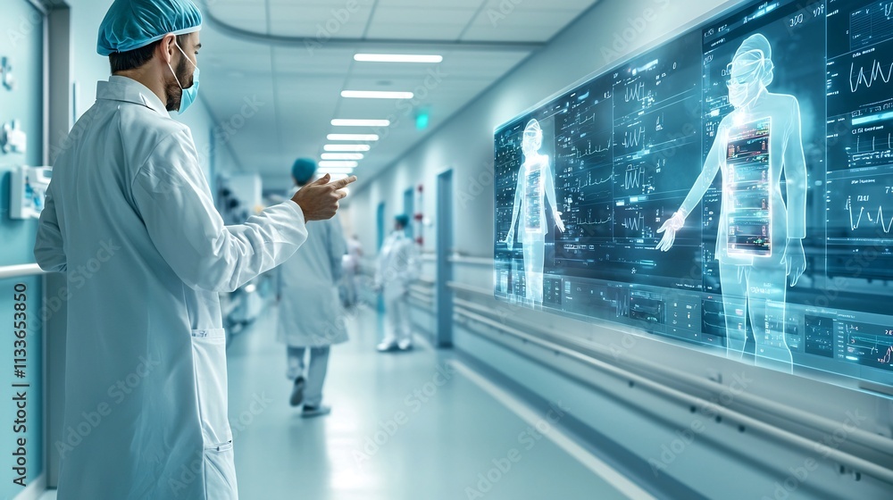 Aufkleber a photograph of a high tech hospital corridor featuring a virtual twin holographic display of vital 