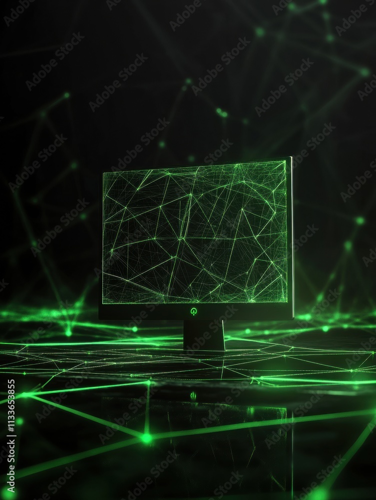 Fototapete a glowing green network grid surrounds a simple monitor icon, illustrating the theme of digital conn