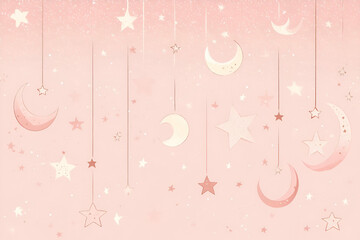 A whimsical design featuring hanging moons and stars against a soft pink background.